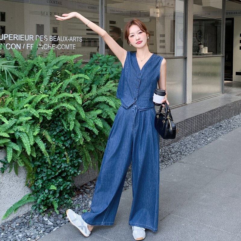 韩版复古牛仔马甲套装女2025夏季新款简约时尚高腰阔腿裤两件套潮,女装套装/套裙,2C159