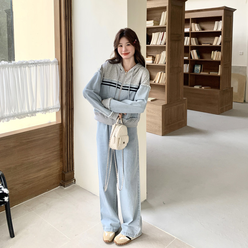 档口现货2025新款春秋装女装休闲牛仔拼接两件套360-p170-k248,女装套装/套裙,2C266