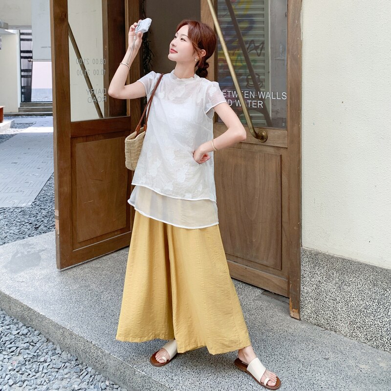 新中式国风休闲套装女2025夏新款气质松弛感提花上衣阔腿裤两件套,女装套装/套裙,2D148