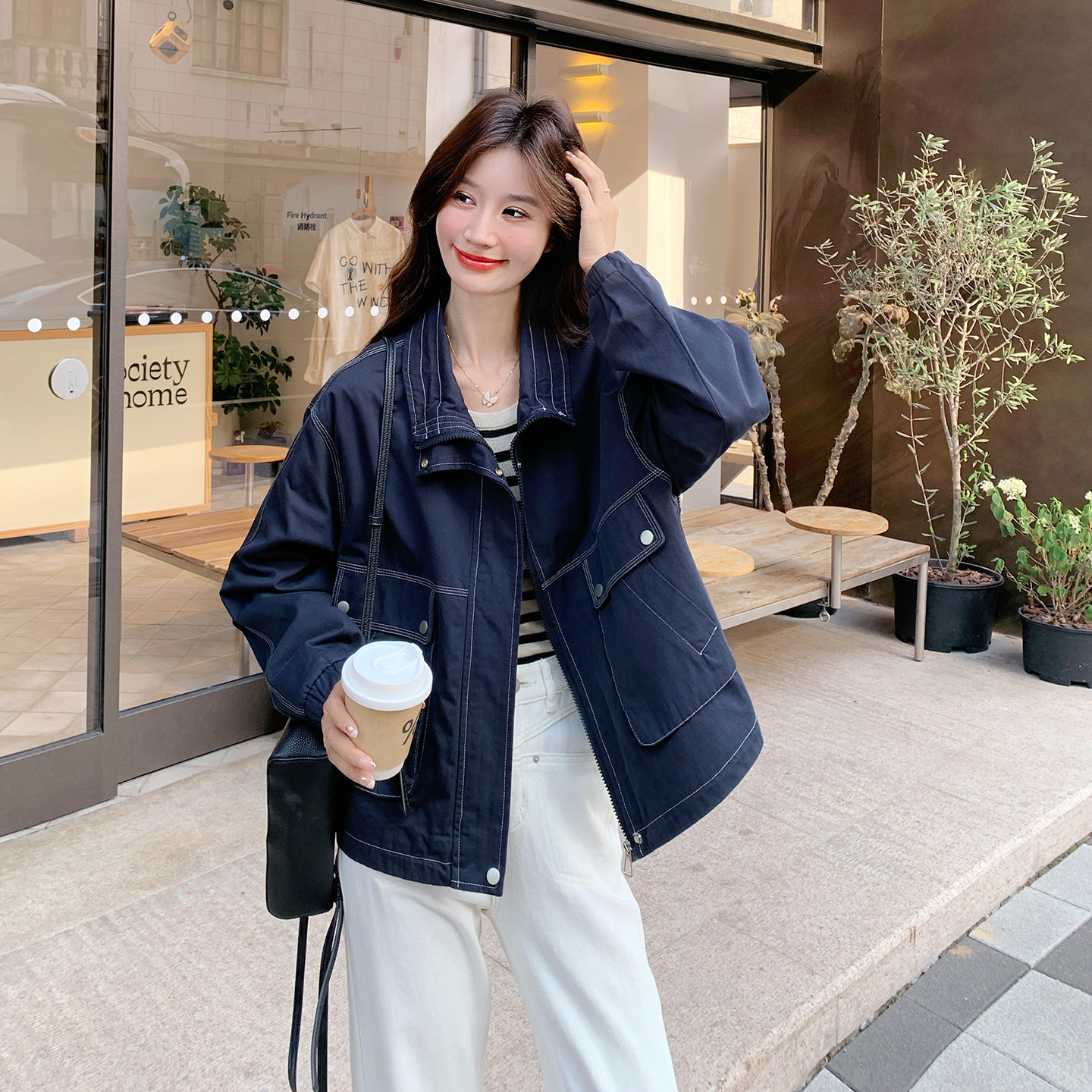 深蓝色明线拼接夹克短款外套女2025春秋季新款韩版显瘦工装冲锋衣图片