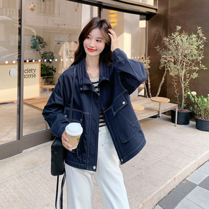 深蓝色明线拼接夹克短款外套女2025春秋季新款韩版显瘦工装冲锋衣图片