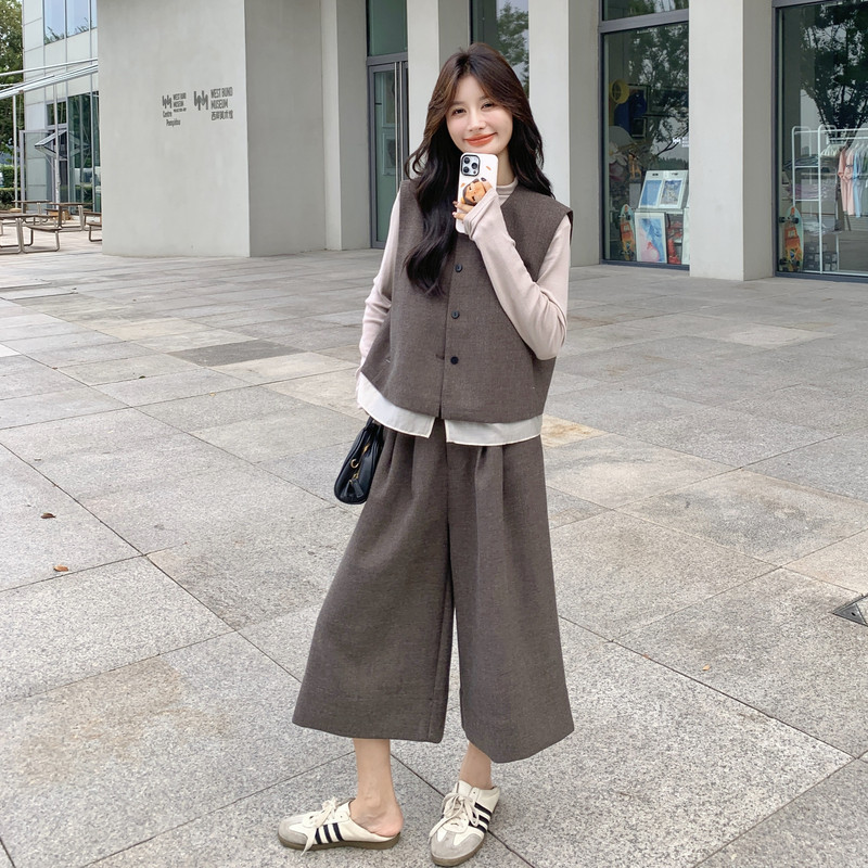 复古高级感西装马甲打底衫阔腿裤三件套女2025秋季老钱风休闲套装,女装套装/套裙,2C159