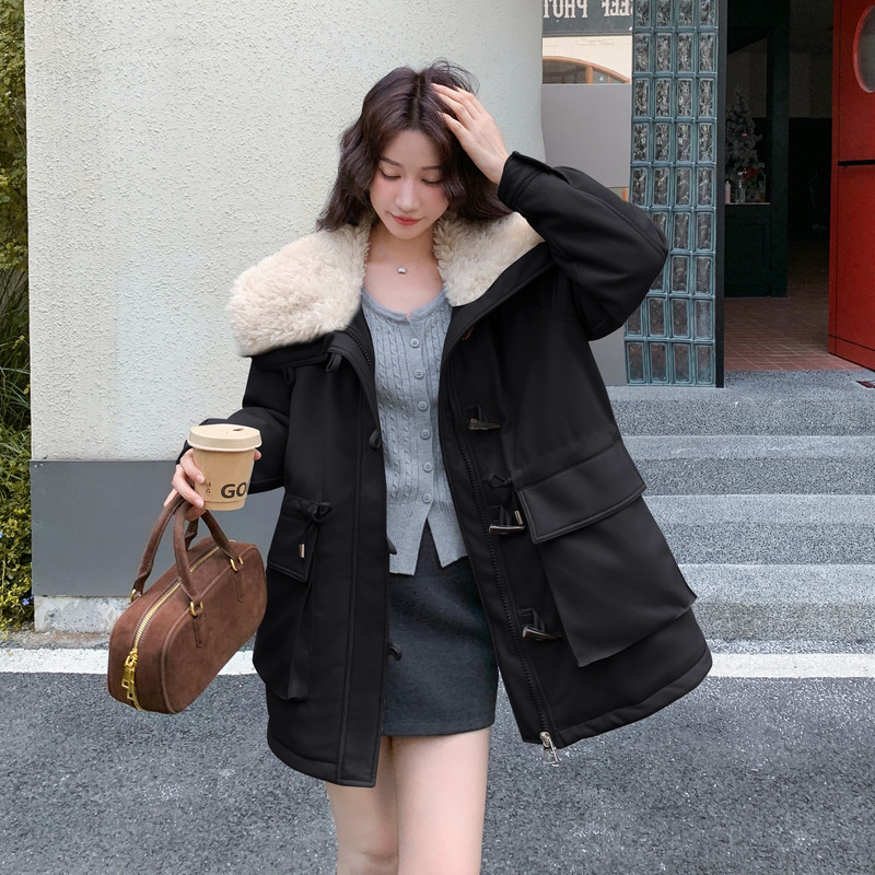 高级感羊羔毛牛角扣夹棉外套棉袄女秋冬2025新款pu皮衣棉服派克服,女装棉衣/棉服,2B140