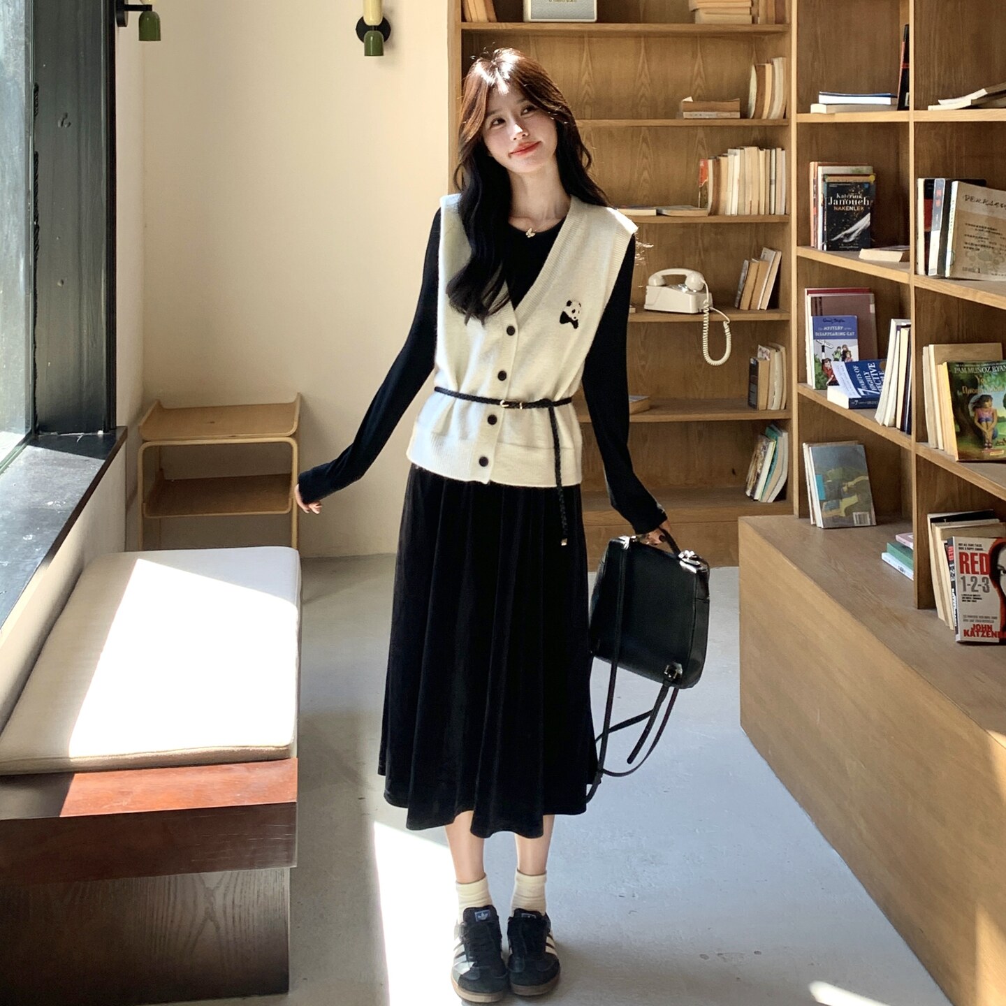 设计感秋冬时尚套装女显瘦针织马甲背心长袖打底连衣裙叠穿两件套,女装套装/套裙,2C166