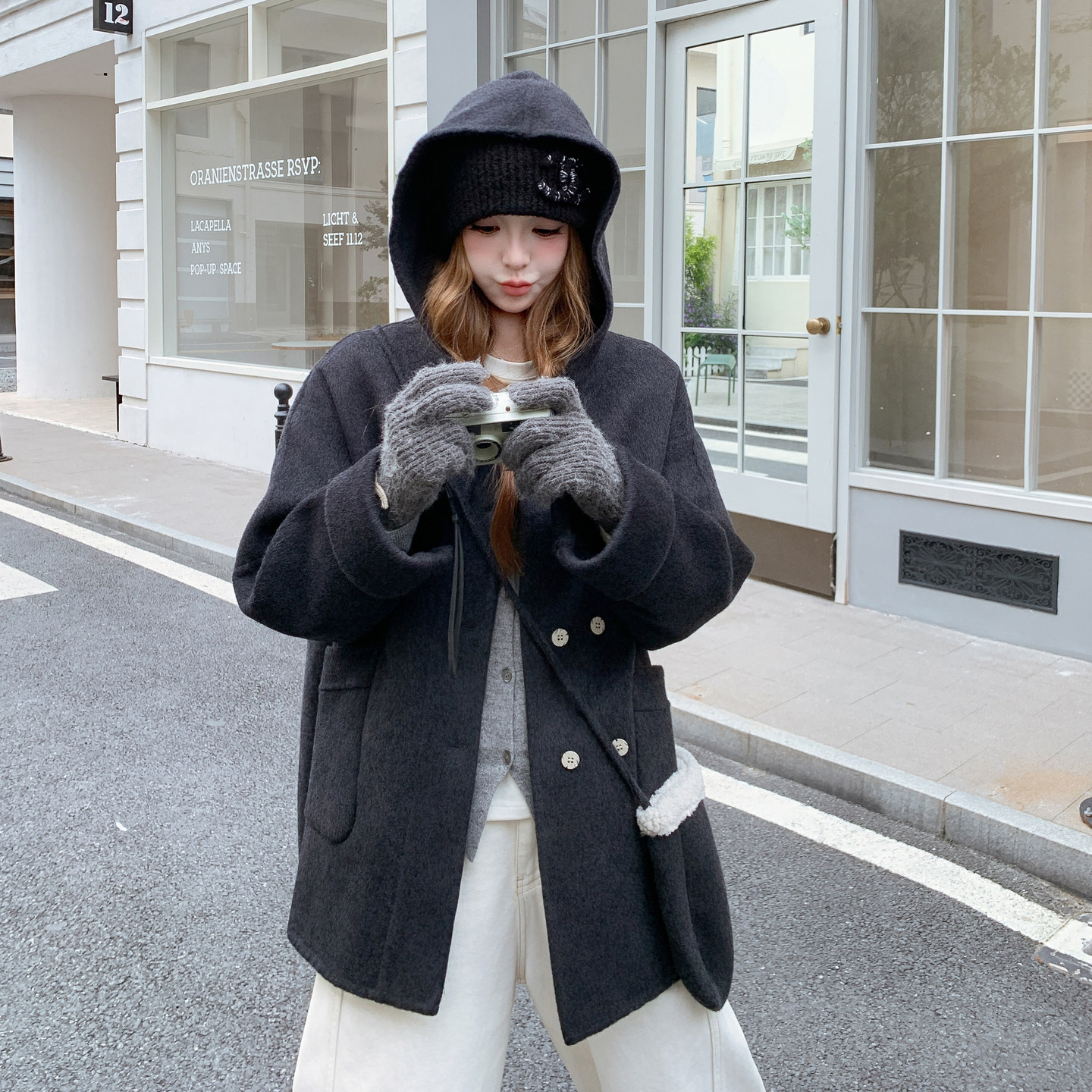 现货韩系学院风连帽双面羊毛大衣外套女2C325-567P275K398送包包,女装毛呢外套,2C325