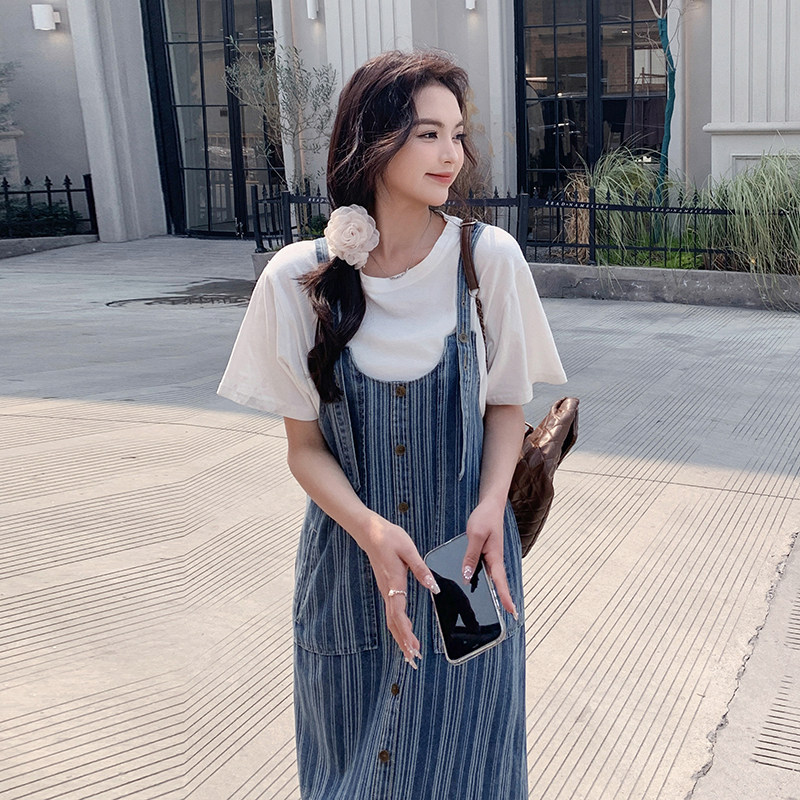 蓝色条纹牛仔背带裙女2025夏季新款韩系学院风宽松显瘦休闲连衣裙,女装连衣裙,2C112
