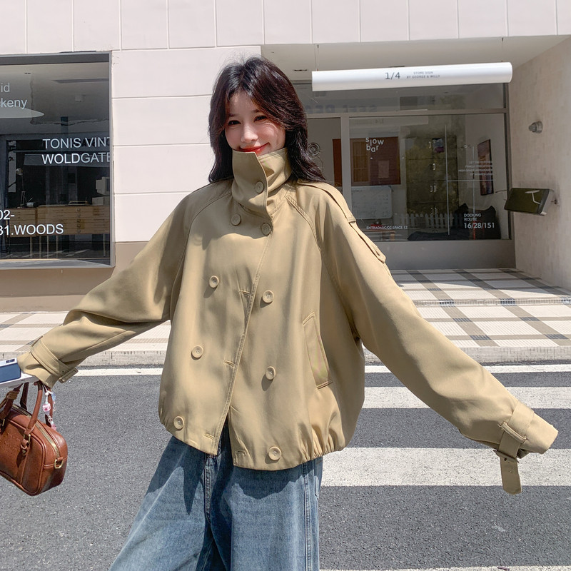 卡其色双排扣短款风衣外套女2025秋季韩版宽松独特漂亮小个子大衣,女装风衣,2D013