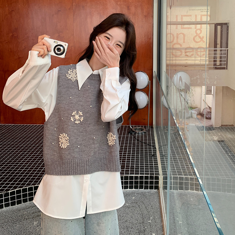 时尚学院风休闲减龄套装女2025春新款气质衬衫绣花马甲两件套,女装套装/套裙,2C166
