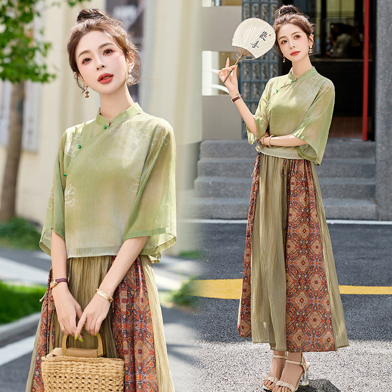 新中式国风印花套装裙女2025夏新款复古盘扣禅意茶服半身裙两件套,女装套装/套裙,吾爱衣