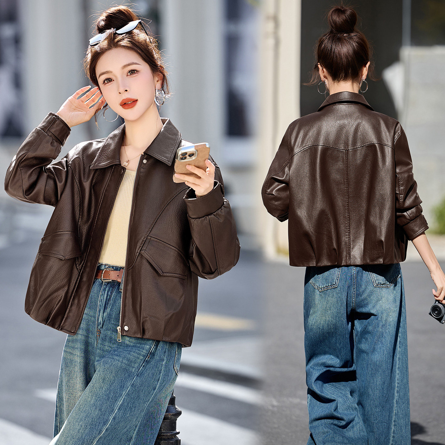 已出货春装新品小皮衣外套女翻领短款时尚百搭机车服小个子上衣,女装皮衣,吾爱衣