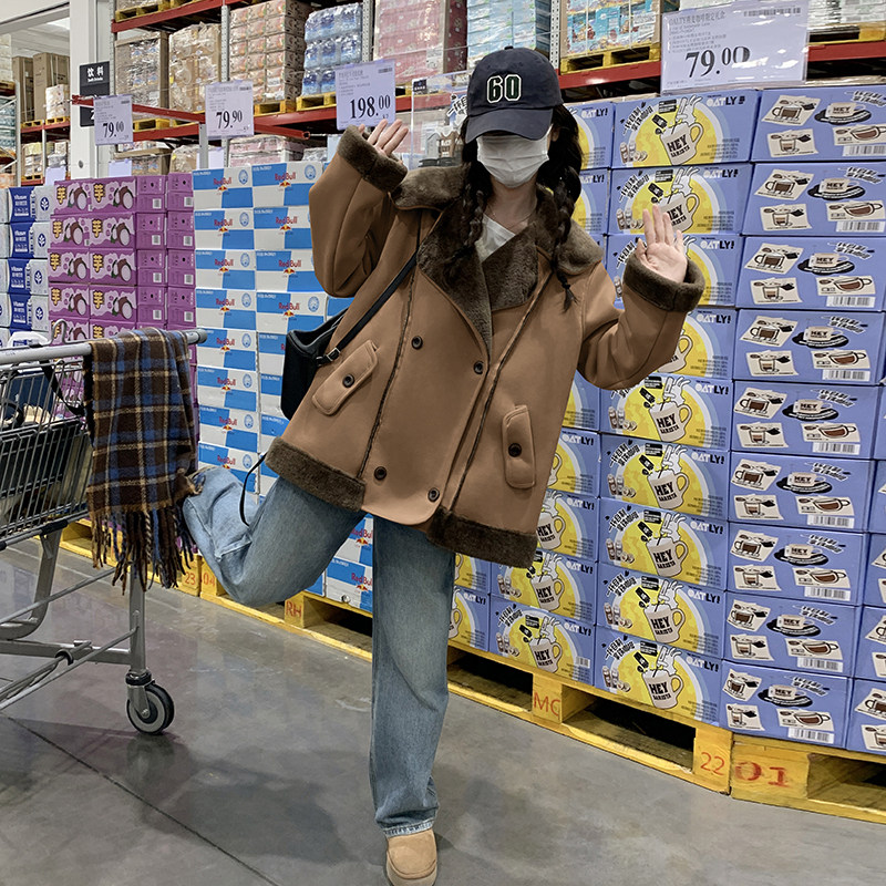现货翻领羊羔毛皮毛一体加厚外套2525-P195-K288,女装派克服,2C159