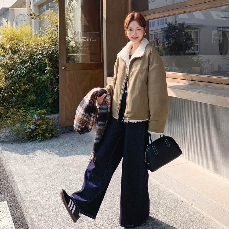 卡其色加绒加厚工装棉服女2025冬季新款韩系休闲百搭羊羔毛外套潮,女装派克服,2C159