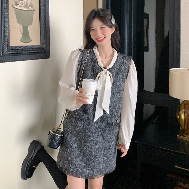 灰色飘带假两件小香风连衣裙套装女春秋减龄气质流苏背心裙,女装连衣裙,2C166