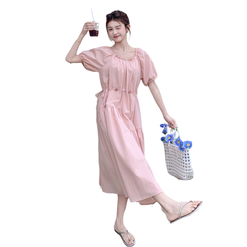 泡泡袖短袖法式夏季纯欲女连衣裙系带甜美韩版小众显瘦气质时尚,女装连衣裙,2C259