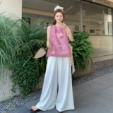 粉色提花背心上衣阔腿裤套装女2025夏季新款法式高级感气质两件套，女装套装/套裙，2C135