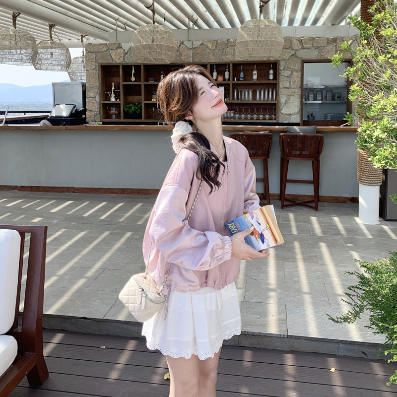 韩系独特漂亮粉色拼皮棒球服外套女春秋超火好看高级小众夹克上衣,女装短外套,2C266