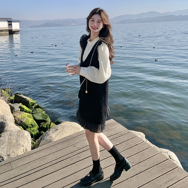 粗花呢木耳边法式气质女2025宽松春秋现货两件套感背心裙长袖,女装套装/套裙,2C166