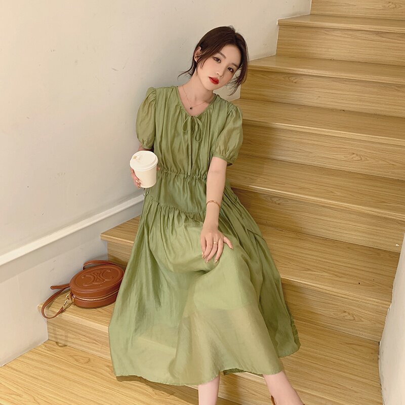 【25夏季现货】抽绳绿色连衣裙2C032693P105K158,女装连衣裙,2C032