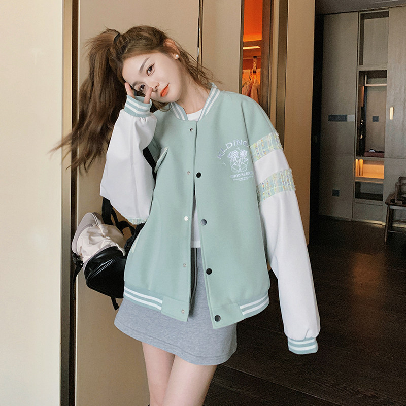 美式学院风棒球服外套女2024年春秋新款撞色拼接薄荷绿设计感上衣,女装短外套,2C088