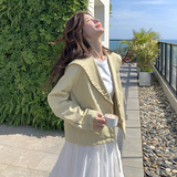 浅黄色针织领皮衣外套女春小个子chic韩系宽松休闲设计感短款风衣，女装皮衣，2D044