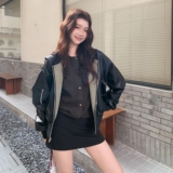 两面穿黑色连帽皮衣外套女春秋小个子高级感穿搭复古工装机车夹克，女装短外套，2C353