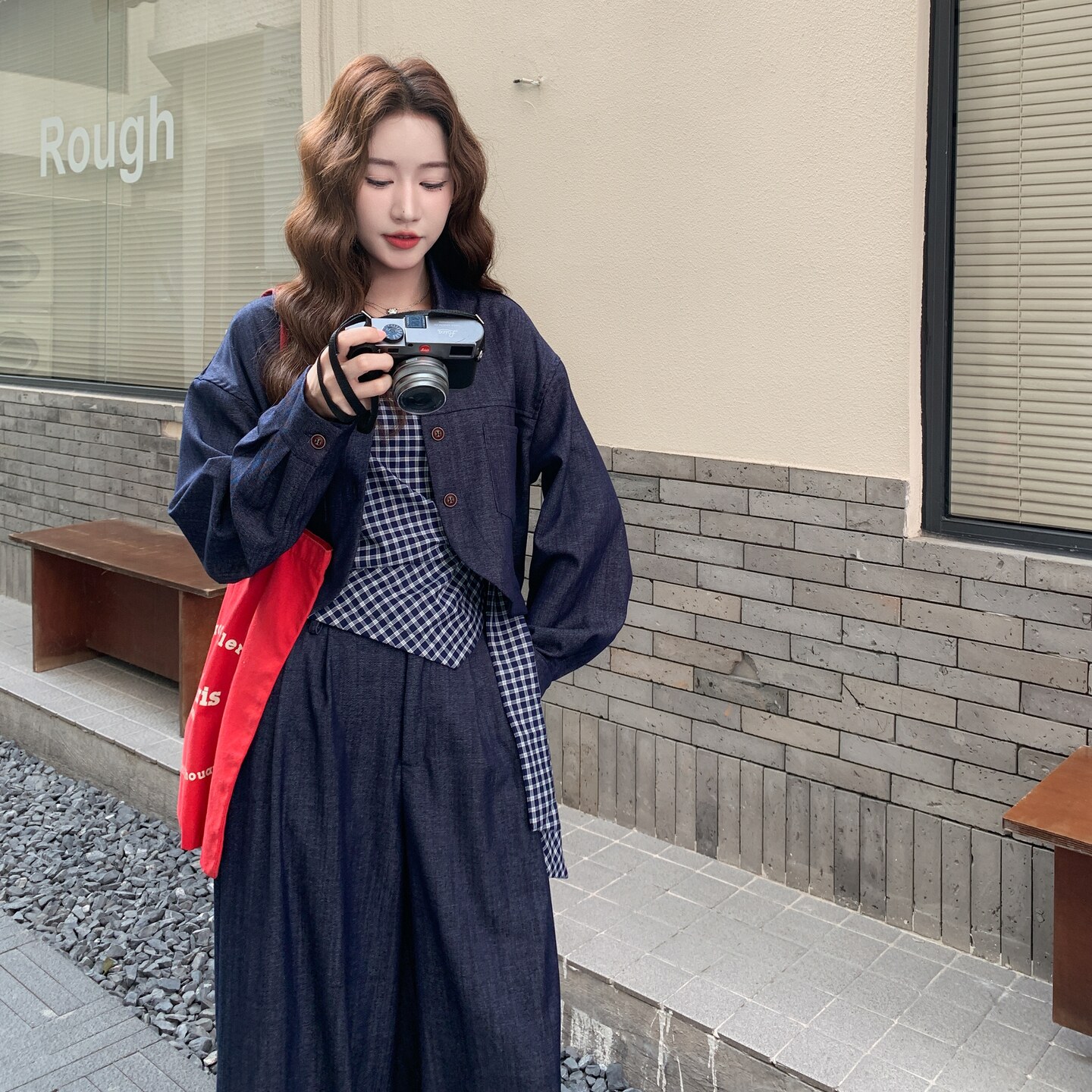 日系百搭设计款外套阔腿裤套装女2025秋季新款复古格子吊带三件套,女装套装/套裙,2C217