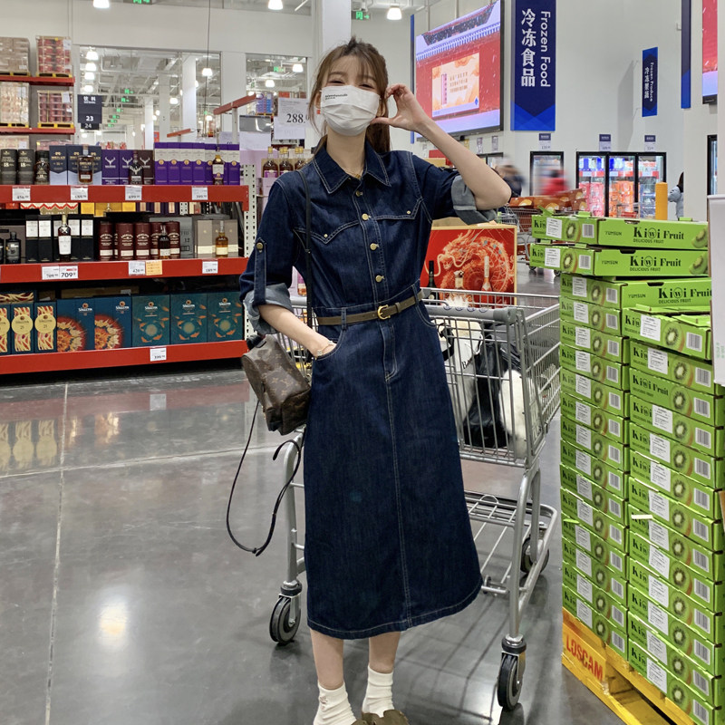 港风复古时尚气质牛仔连衣裙女2025春秋季新款法式收腰显瘦长裙子图片