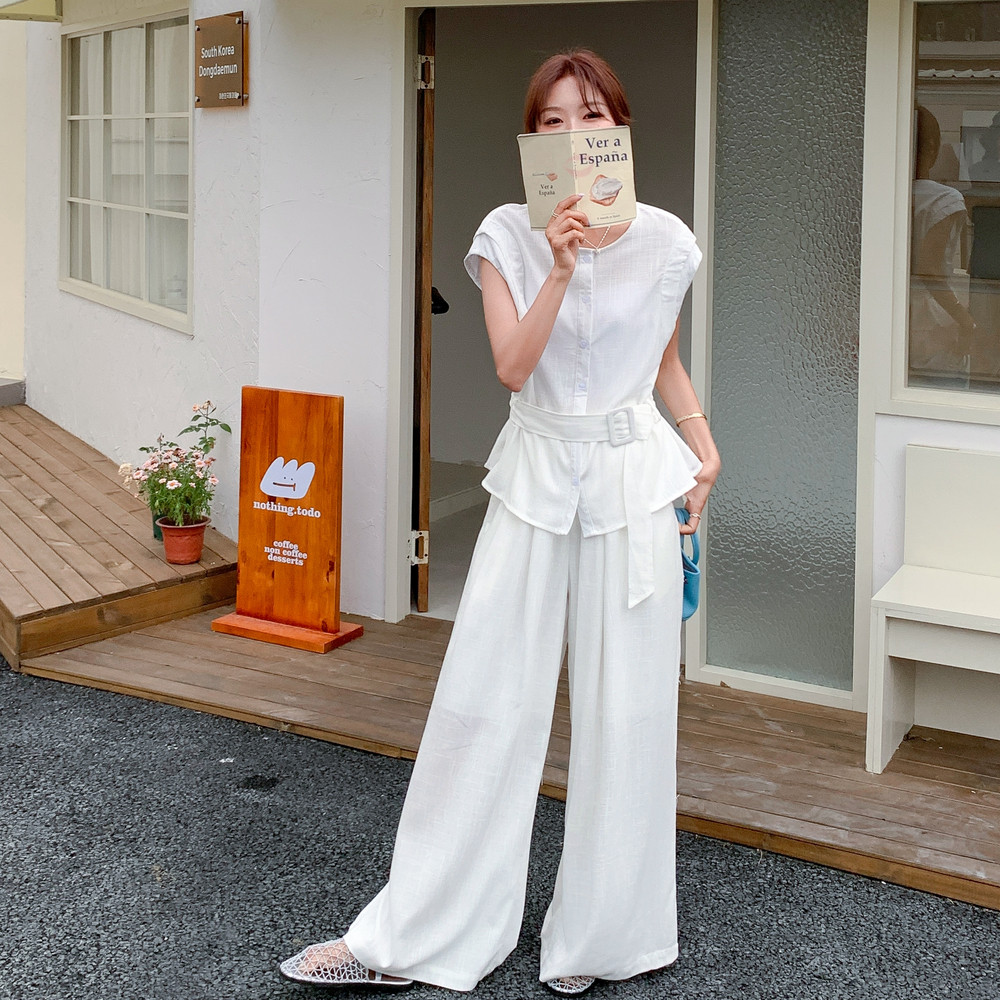 2025夏季新款韩系显瘦上衣阔腿裤两件套女高级感气质通勤时尚套装,女装套装/套裙,2C233