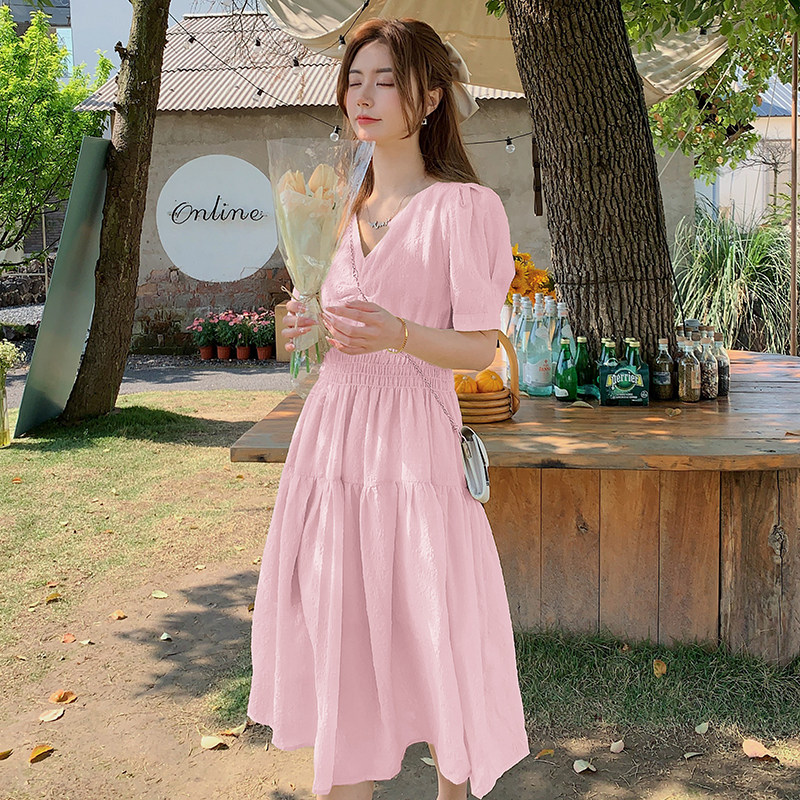 粉色法式甜美泡泡袖连衣裙女2025夏季新款温柔超好看氛围感长裙子图片