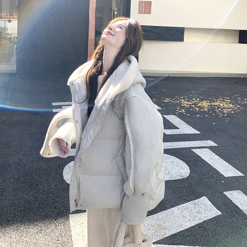 羊羔毛拼接连帽羽绒服女冬季新款小个子韩系学院风90白鸭绒短外套,女装羽绒服,2B222