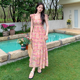 粉色小飞袖碎花连衣裙女2025夏季新款法式温柔风气质绝美仙女长裙，女装连衣裙，2C133