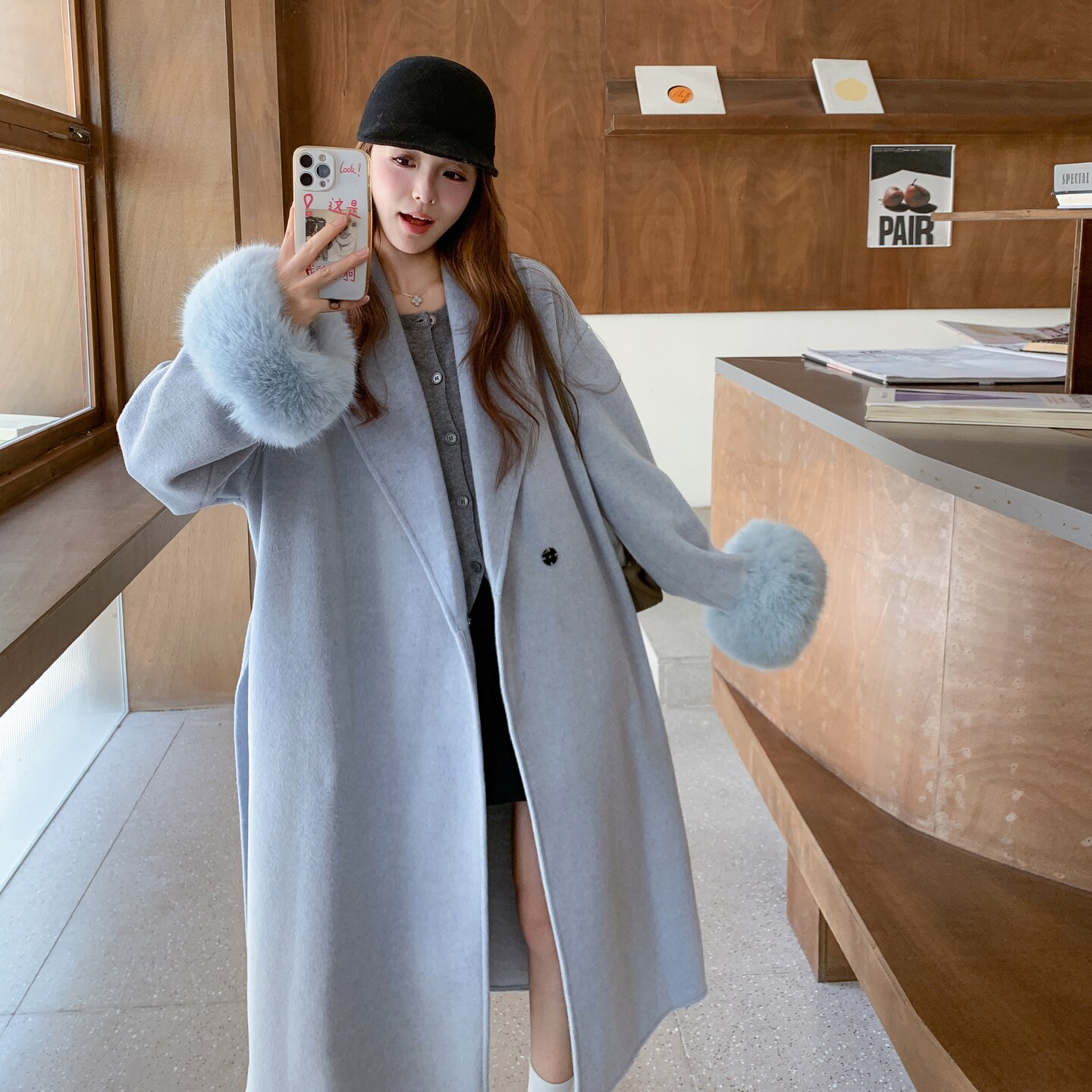 减龄超火浅蓝色双面呢羊毛外套2025冬季韩系设计感小众巨好看大衣，女装毛呢外套，2C212