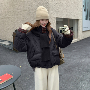 新款韩版宽松立领撞色格子袖口羽绒服短款外套面包服图片