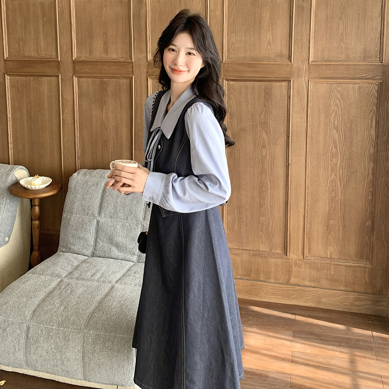 知性风假两件蓝色马甲叠穿长袖衬衫连衣裙女春秋超火好看气质长裙,女装连衣裙,2C087