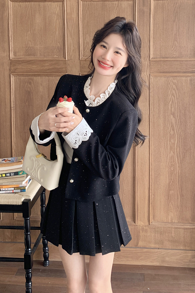 黑色法式小香风上衣套装裙女2025春季新款小个子半身裙两件套,女装套装/套裙,2C218