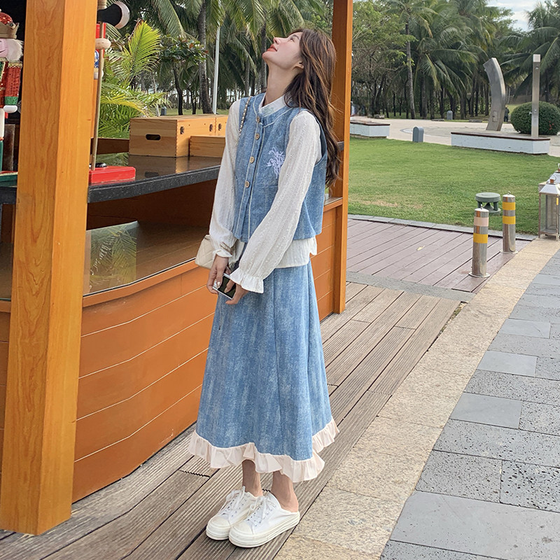 蓝色休闲衬衫牛仔半身裙套装女2025春季新款高级感宽松复古三件套,女装连衣裙,2C177