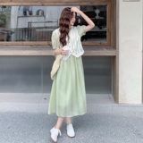 绿色小清新泡泡袖连衣裙套装女夏新款韩系时尚洋气蕾丝马甲两件套，女装套装/套裙，2C259