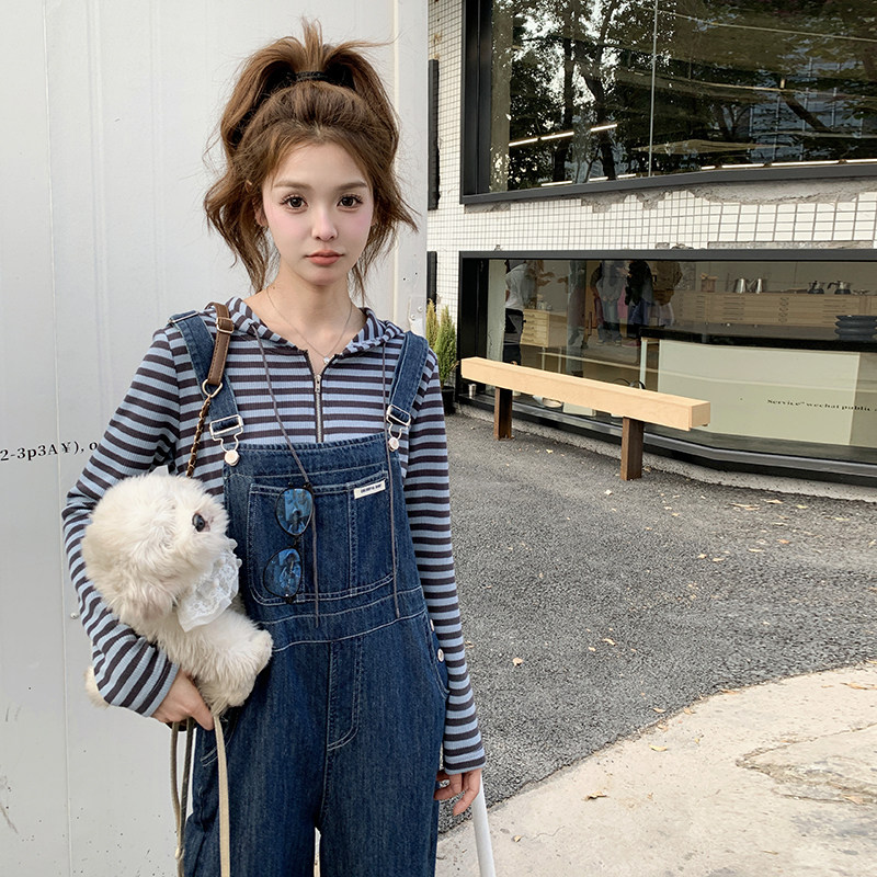 韩系减龄牛仔背带裤女2025春季新款休闲条纹上衣高腰阔腿裤两件套图片