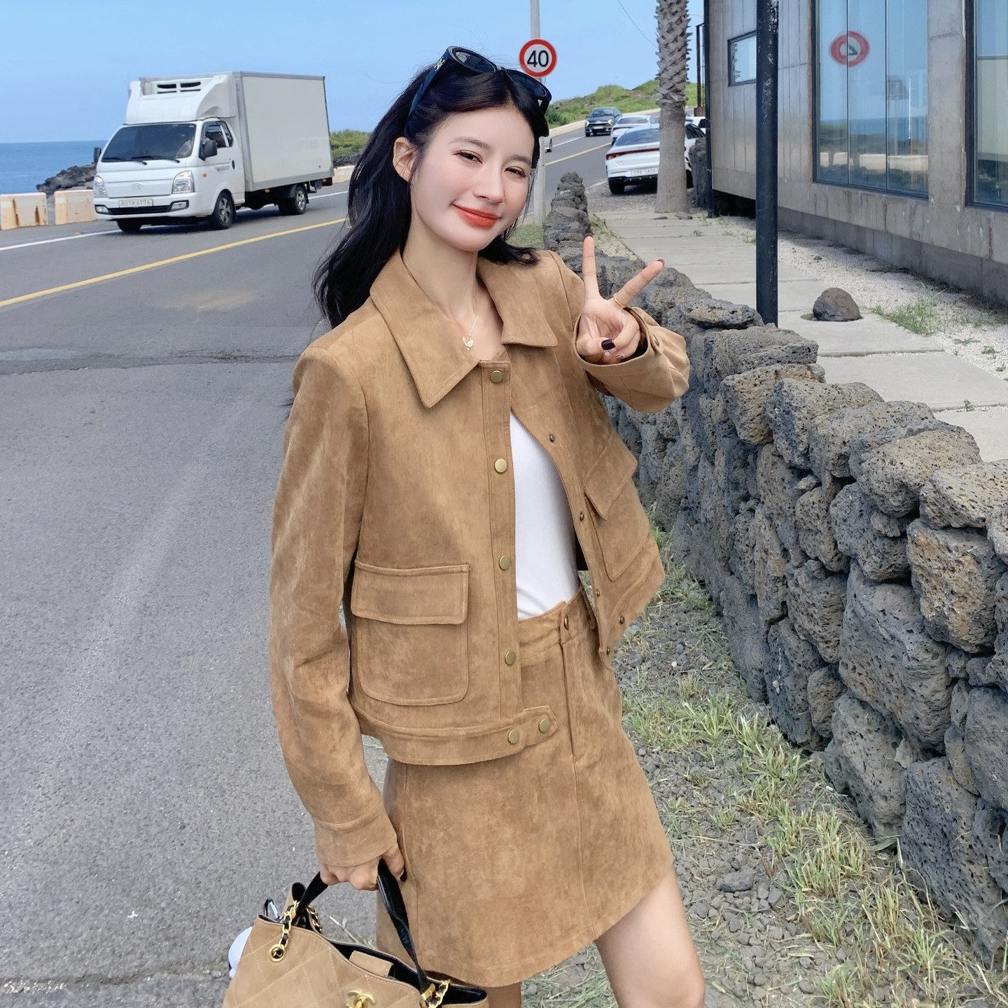 美拉德卡其色夹克外套半身裙套装两件套女2025春秋新款韩系小个子,女装套装/套裙,2C271