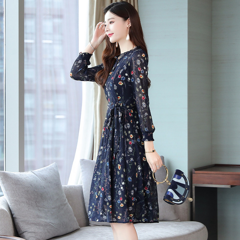 碎花经典款高档气质收腰显瘦中长款连衣裙,女装连衣裙,丽莎妳雅