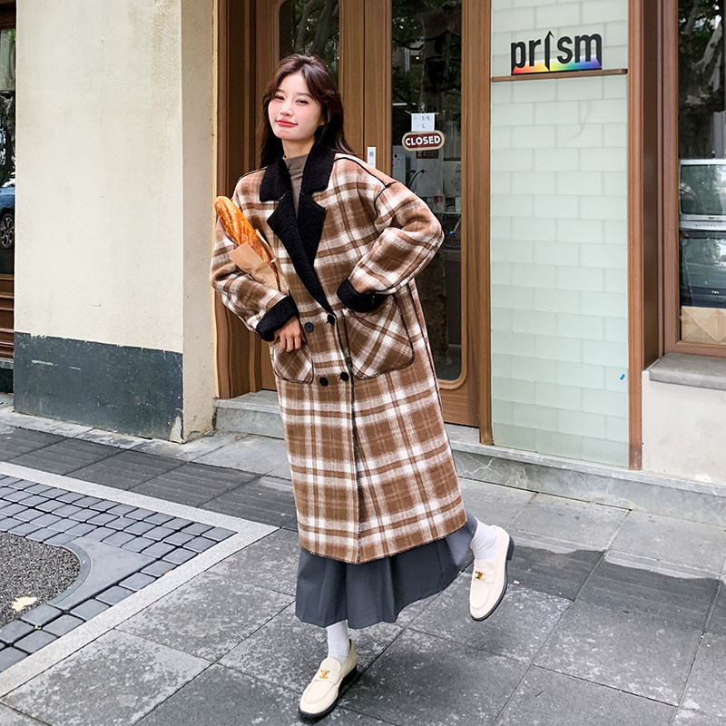 现货，设计感长款复合加厚宽松格子羊羔毛大衣2363P175K258,女装风衣,2C029
