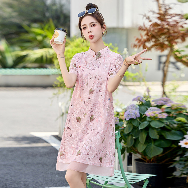 新中式国风印花连衣裙女2025夏季新款气质显瘦小个子改良旗袍裙子,女装连衣裙,吾爱衣