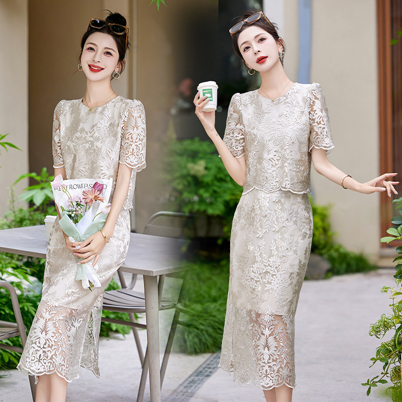 新中式套装裙女夏2025新款印花两件套盘扣改良旗袍裙子,女装套装/套裙,蓝朵琳