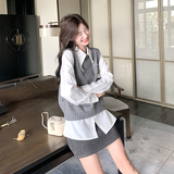 法式少女复古气质长袖衬衫上衣马甲套装女春秋新款时尚两件套，女装套装/套裙，2C166