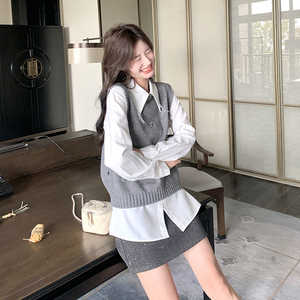 法式少女复古气质长袖衬衫上衣马甲套装女春秋新款时尚两件套图片