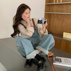 奶系牛仔背带裤女小个子2025春秋新款韩系设计感小众宽松休闲长裤图片