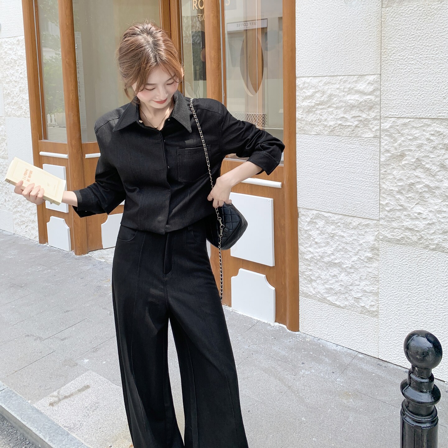 黑色复古高级感通勤套装女2025年春秋季新款显瘦上衣阔腿裤两件套,女装套装/套裙,2C088