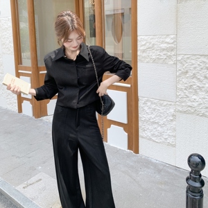黑色复古高级感通勤套装女2025年春秋季新款显瘦上衣阔腿裤两件套图片