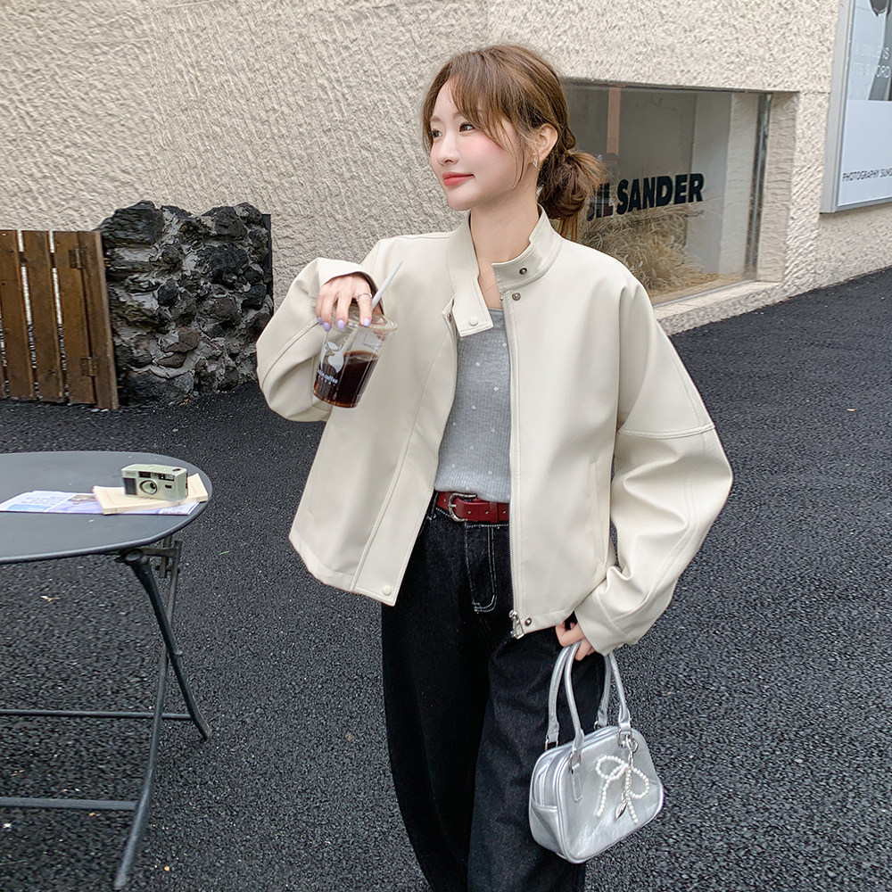 浅米色韩系立领PU皮衣外套女2025秋季小个子洋气炸街流行淡人夹克,女装皮衣,2C258