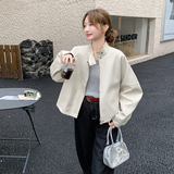 浅米色韩系立领PU皮衣外套女2025秋季小个子洋气炸街流行淡人夹克，女装皮衣，2C258